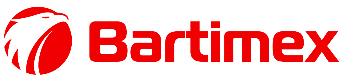 Czerwone logo Bartimex na białym tle.